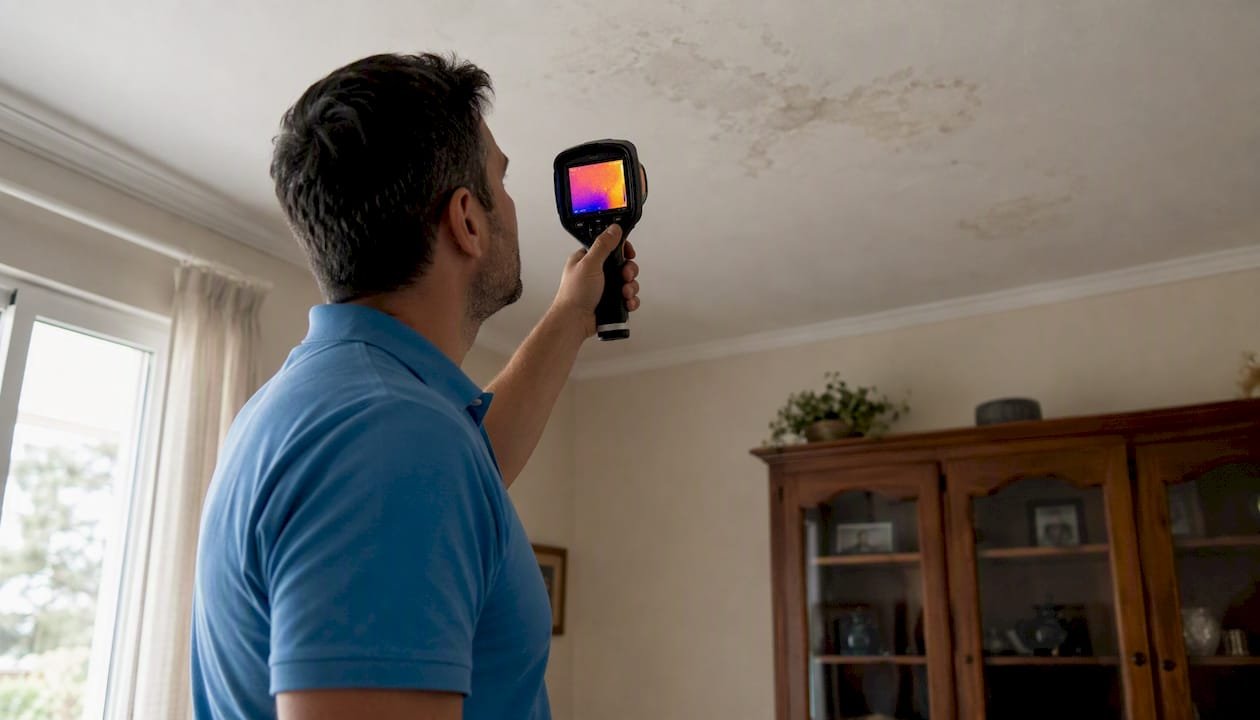 Especialista realizando una inspección en el techo con una cámara térmica