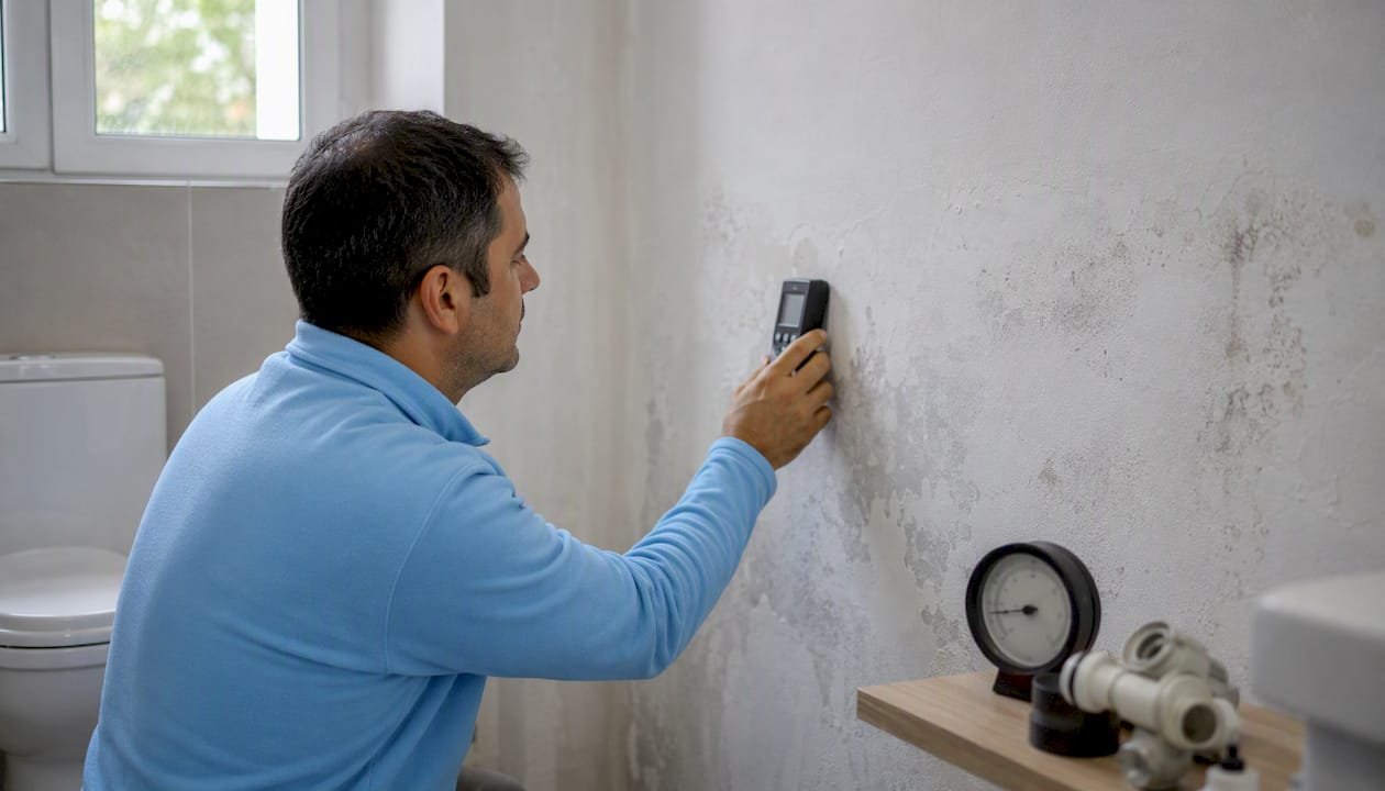 Especialista revisando la humedad en una pared dentro de la casa