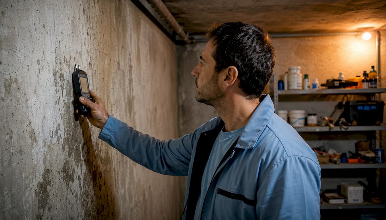Especialista inspeccionando la humedad en una pared interior