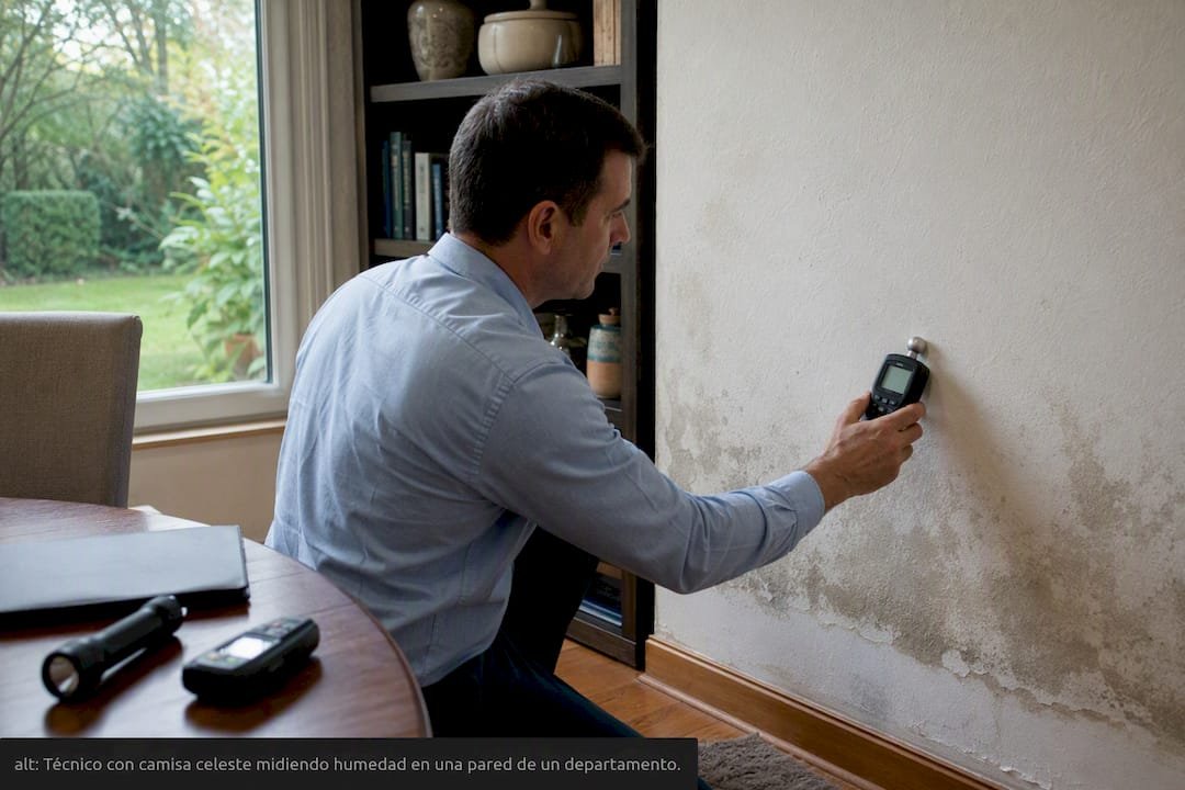 Técnico comprobando la humedad en una pared interior