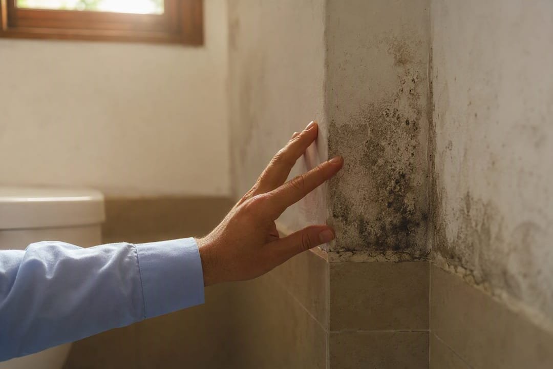 Una mano se posa sobre una pared húmeda y cubierta de moho, sintiendo el frío que se desprende de ella.