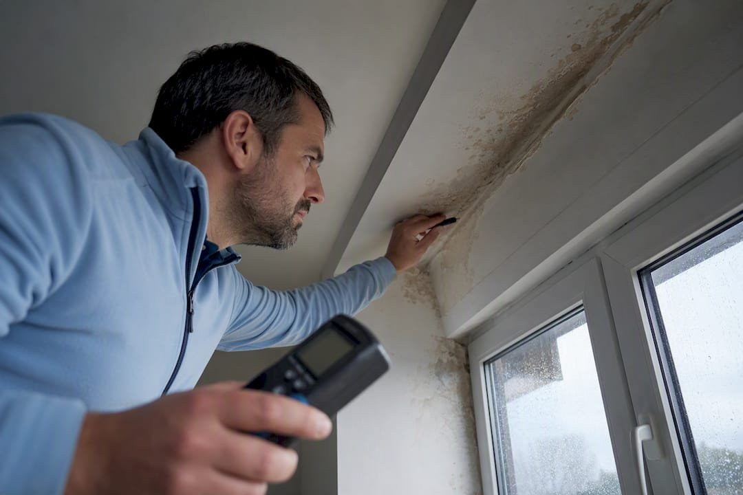 Técnico inspeccionando una filtración después de las lluvias