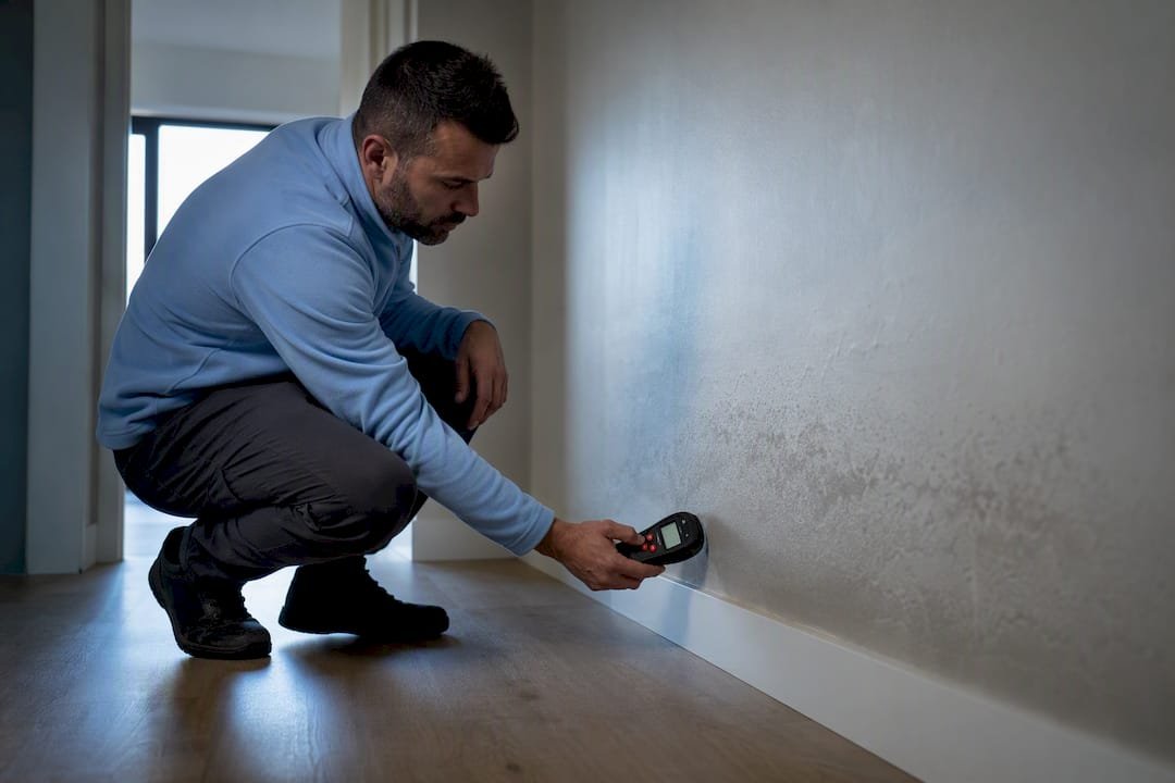 Técnico midiendo la humedad en una pared nueva