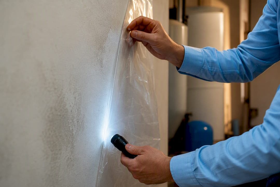 El técnico revisa la pared antes de taladrar