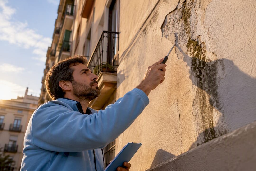 Técnico evaluando la humedad en la fachada de una casa