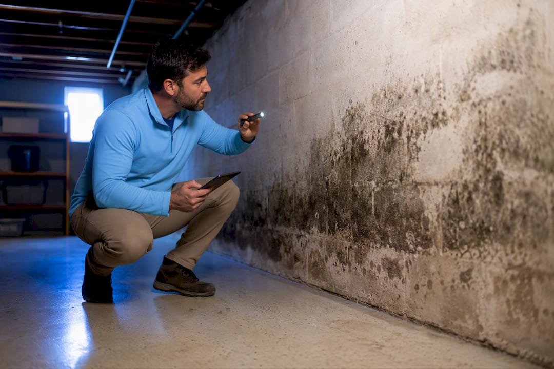 Técnico inspeccionando moho en la pared del sótano