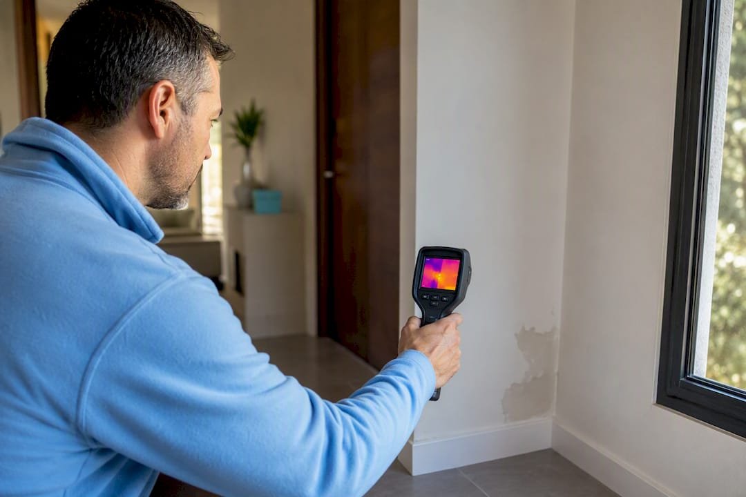 Técnico empleando una cámara termográfica sobre la pared