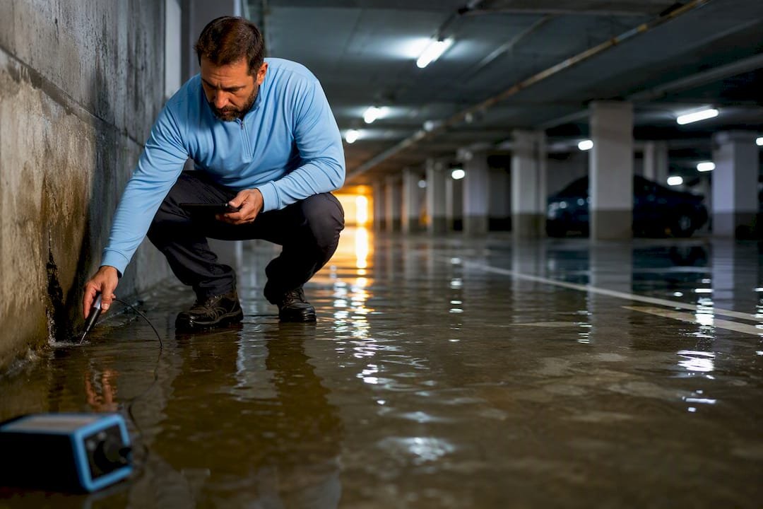 Técnico detecta agua acumulada en garaje inundado