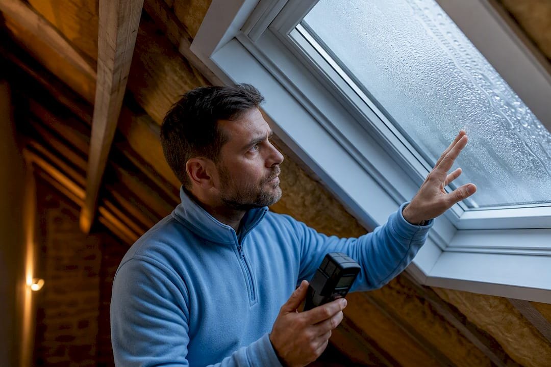 Técnico inspeccionando la condensación en una ventana de ático