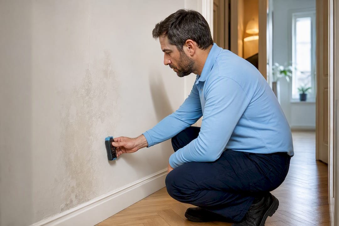 Especialista evaluando humedad en la pared