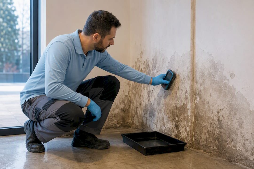 Especialista midiendo la humedad en una pared