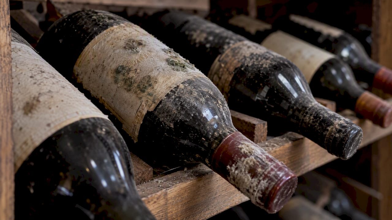 Botellas con moho en las etiquetas y las cápsulas