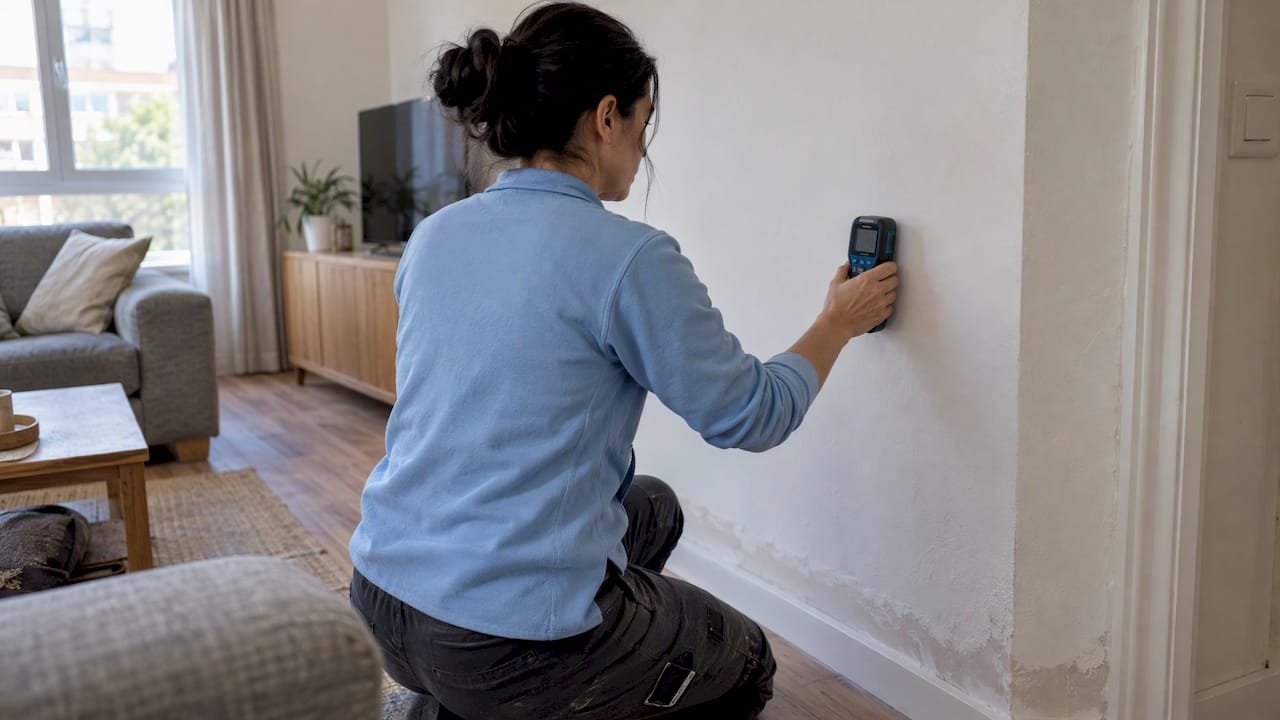 Técnica verificando la humedad residual en la pared