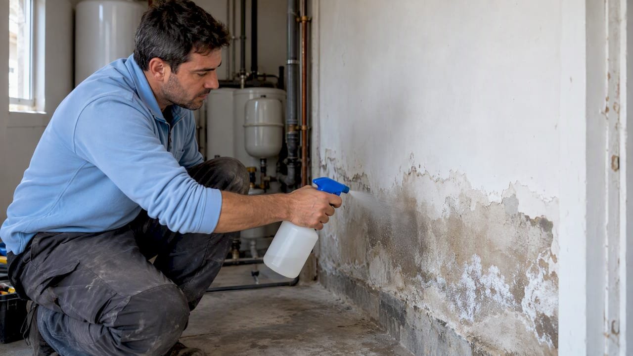 Técnico inspeccionando cristales de sales en una pared