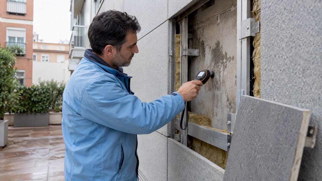 Técnico inspeccionando humedad en fachada ventilada