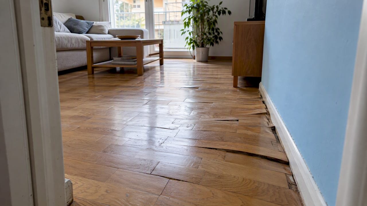 Parquet levantado por humedad al lado de una pared