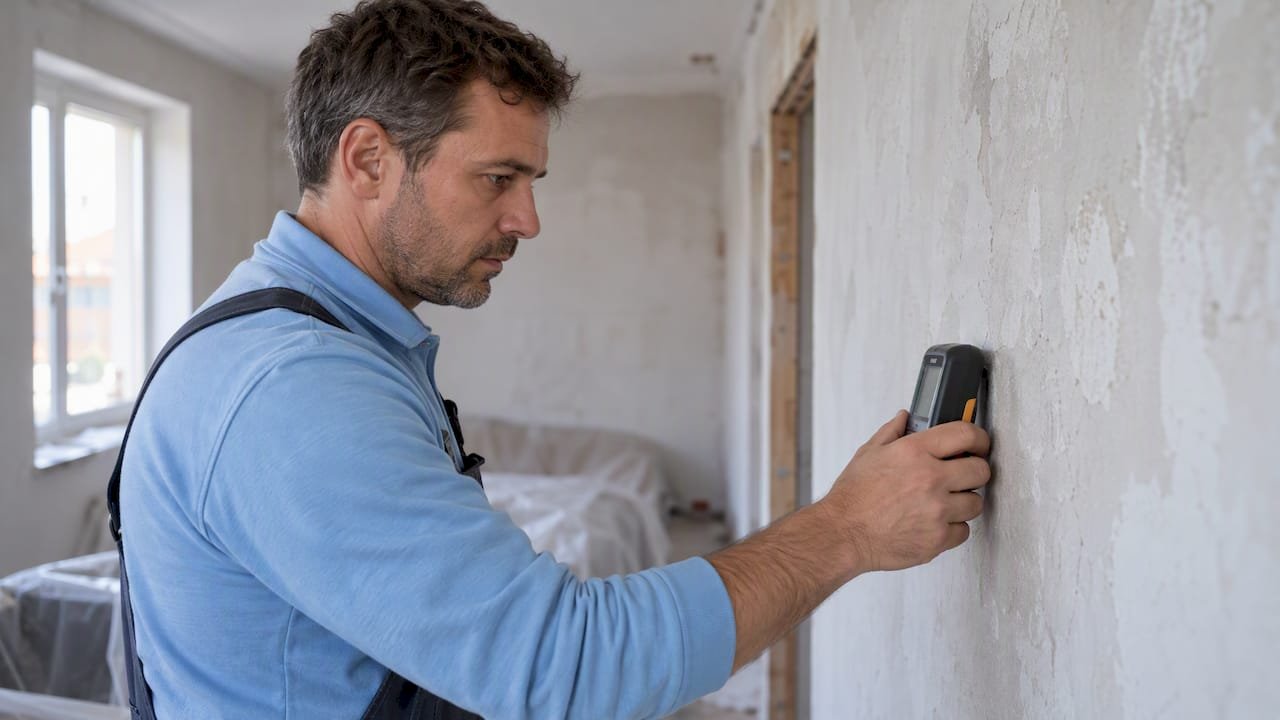 Técnico midiendo una pared tratada contra la humedad