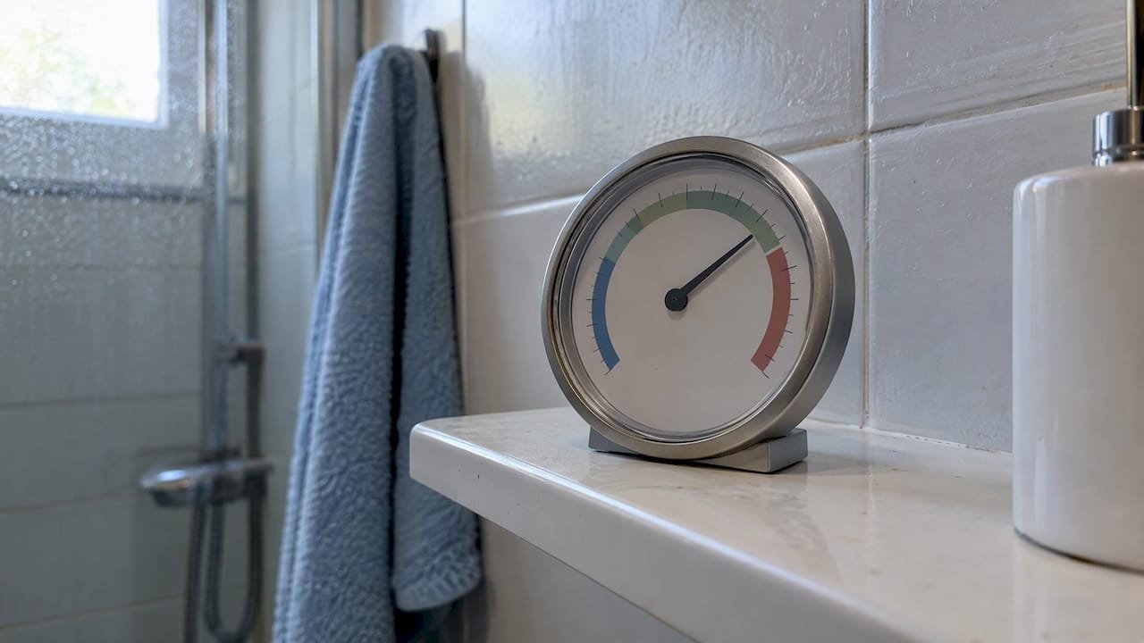 Higrómetro instalado sobre la repisa del baño