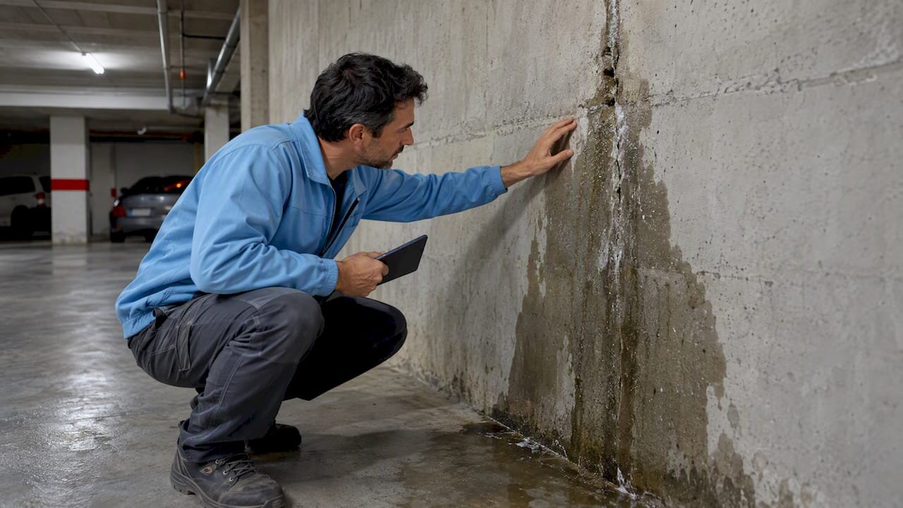 Técnico inspecciona filtración en muro de concreto