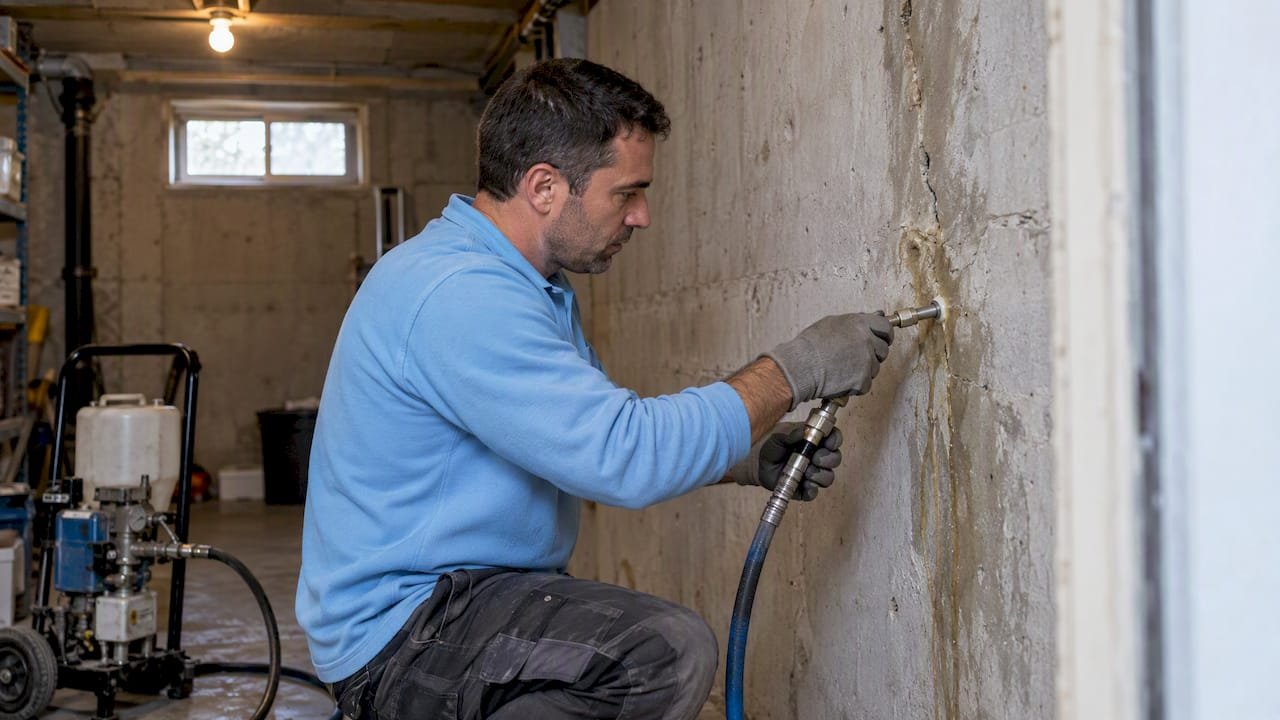 Técnico aplica poliuretano en muro con grietas