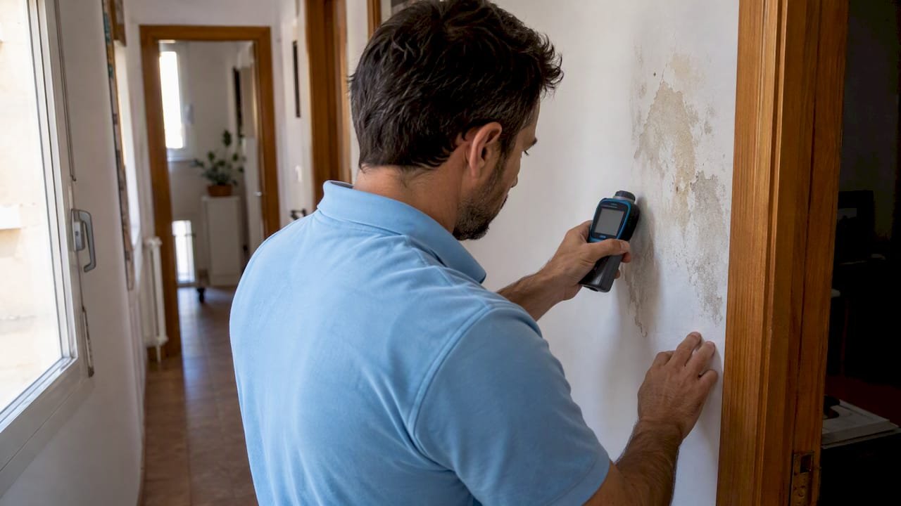 Un técnico está midiendo la humedad en una pared interior