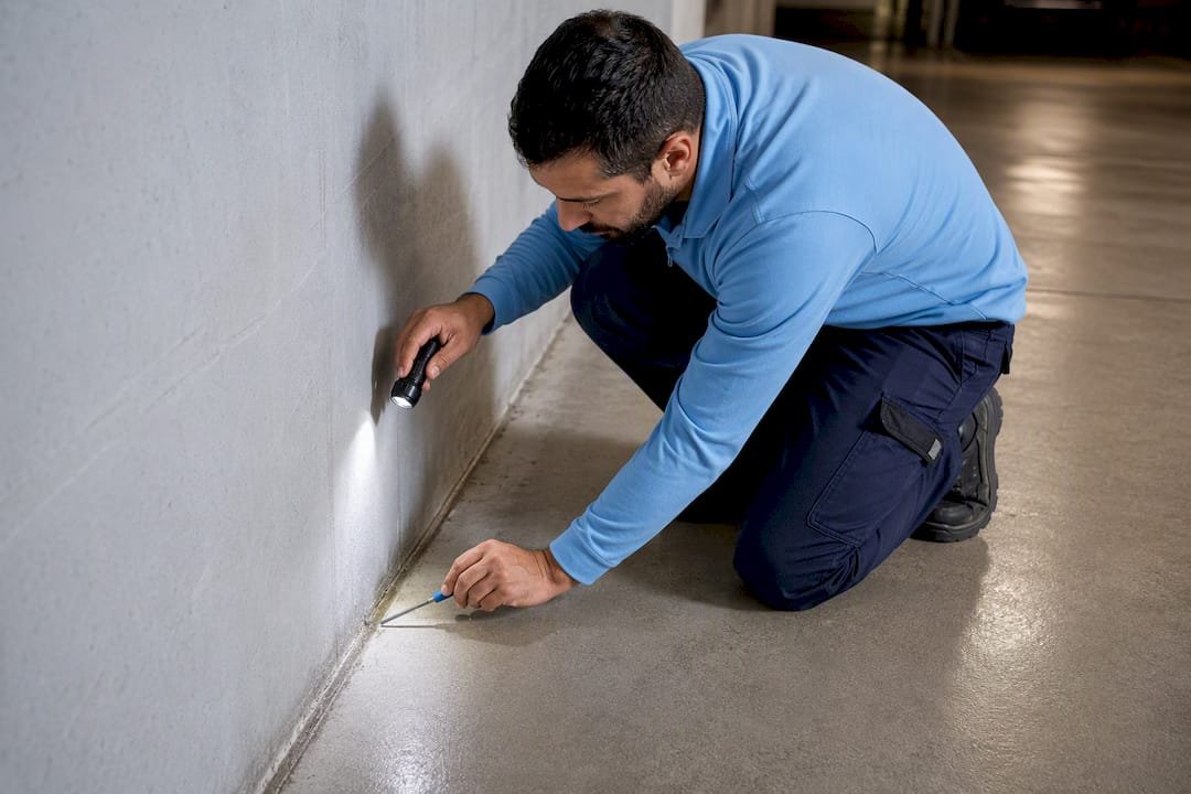 Técnico inspeccionando la unión entre el suelo y la pared