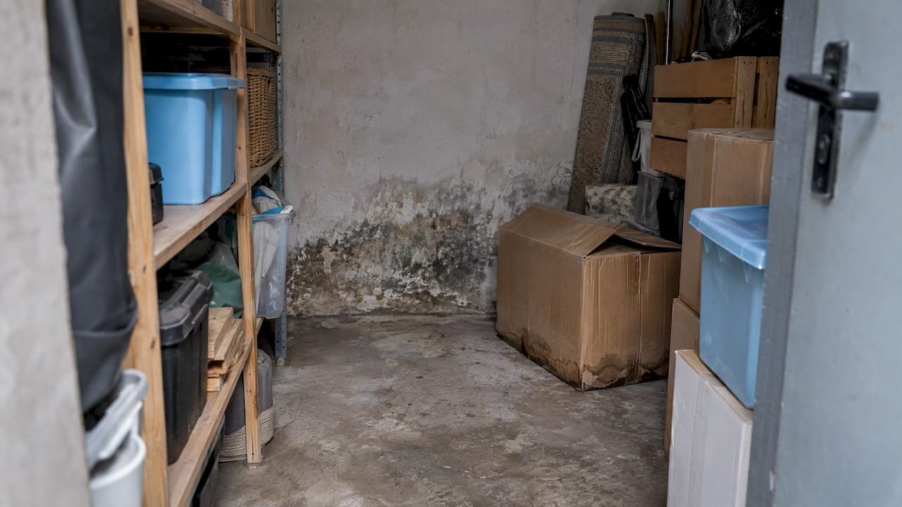 Humedad en la pared cerca de cajas almacenadas