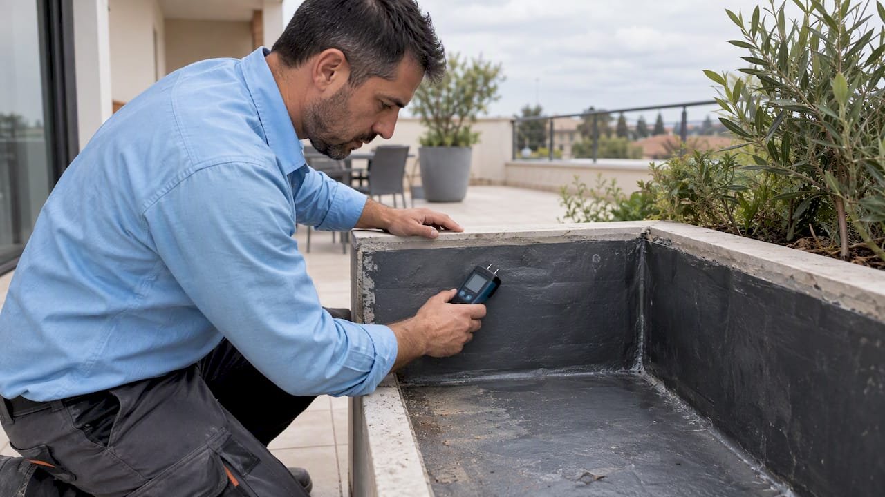 Técnico inspecciona la impermeabilización de la jardinera